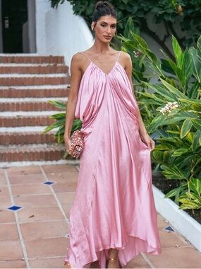 ✨ VIRAL ✨ Zara ZW Collection Satin Volume V-Neck Dress NWT Pink 3684/019